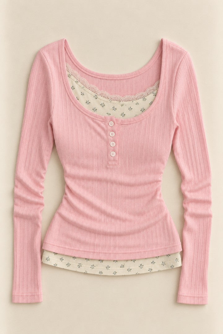Blush Hush Layered Henley Top — front flat-lay