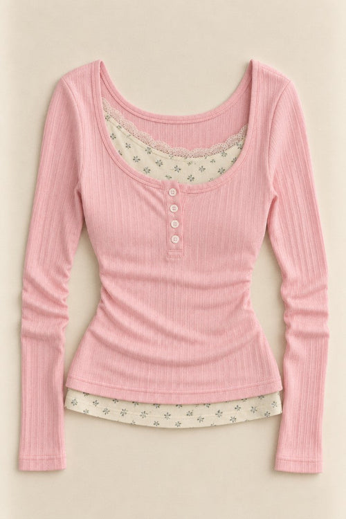 Blush Hush Layered Henley Top — front flat-lay